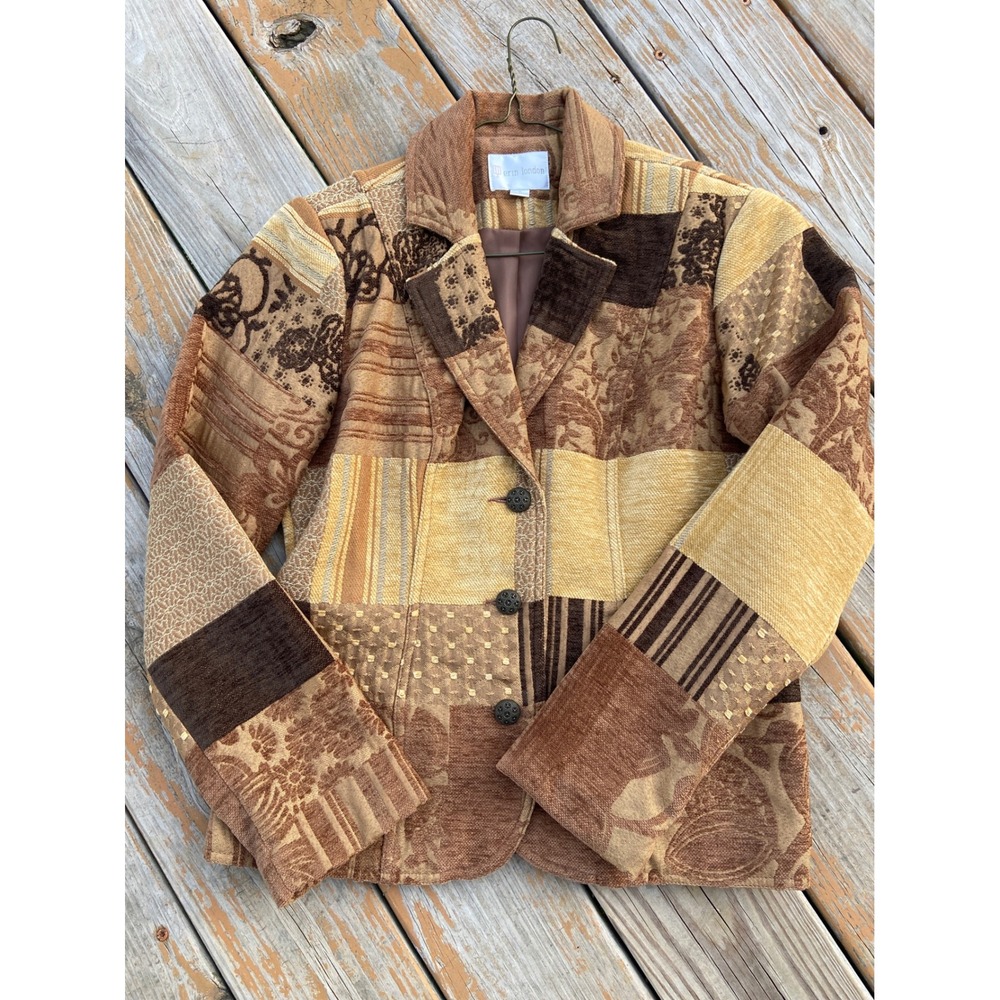Erin London Womens Patchwork Blazer Jacket Brown Tan Textured Tapestry Size S